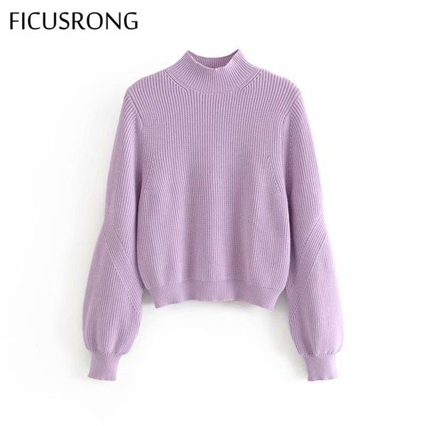 

women's sweaters 2021 women spring solid knitted female half-high collar puff sleeves pullover ficusrong, White;black