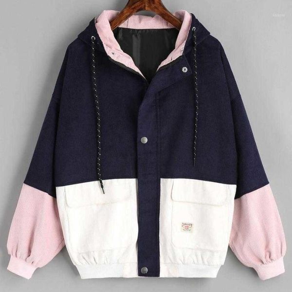 

women's jackets autumn jacket women fashion corduroy long sleeve turn collar patchwork casual simple streetwear coat windbreaker, Black;brown