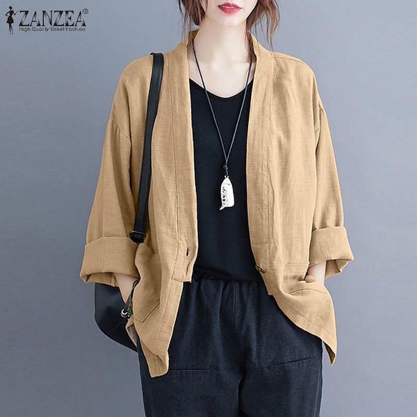 

women's blouses & shirts oversized zanzea vintage cardigans 2021 spring long sleeve blouse casual solid cotton linen loose blusa femin, White