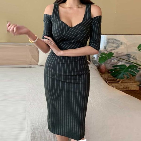 

casual dresses elegant v-neck slim waist women pencil office ladies vestidos striped bodycon female dress summer esjm, Black;gray