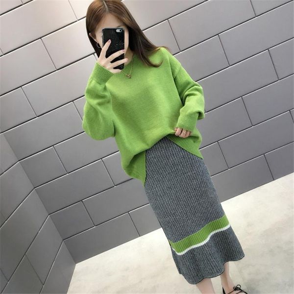

two piece dress elegant ladies sweater skirt 2 set women fashion o neck long sleeve knitted pullovers suits winter, White