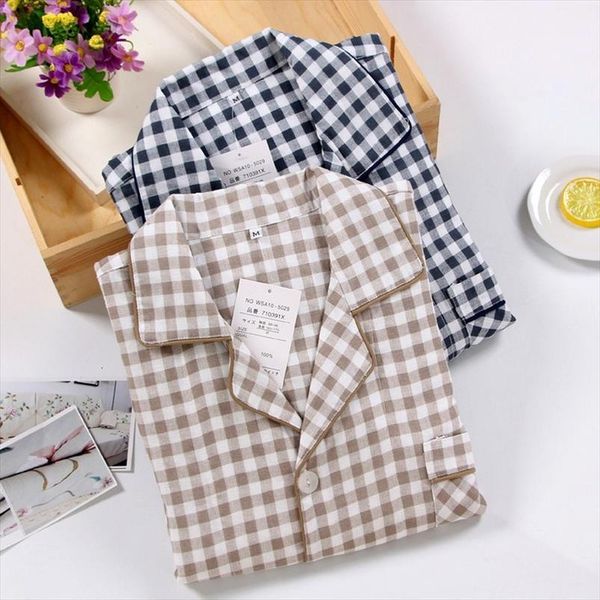 

special price men and womens sleepwears plaid pijamas 100% cotton double layer gauze long sleeved pajamas summer couple pyjamas sleepwear, Black;red
