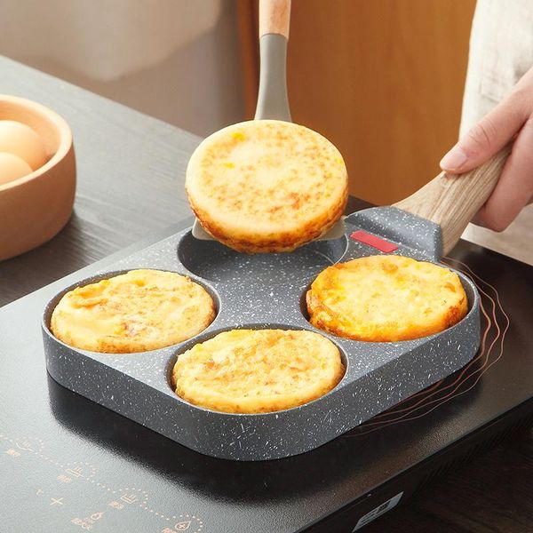 

pans 4 holes egg frying pan home hamburger nonstick pot wood grain handle cooking saucepan cookware kitchen tools
