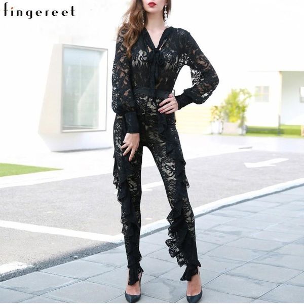 

women's jumpsuits & rompers european lace deep v long sleeve edge high waist even pants, Black;white
