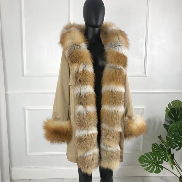 

women's fur & faux 2021 fashion jacket women natural coat winter long hooded parka big collar outwear detachable, Black