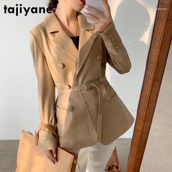 

women's leather & faux real genuine coat coats woman jackets sheepskin spring autumn clothes slim-fit belt py241, Black