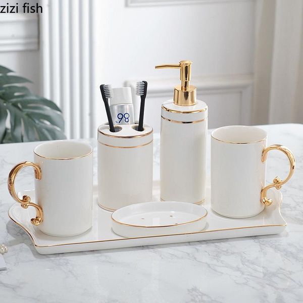 

gold line texture bathroom accessories set portable soap dispenser toothbrush holder dish quality ceramic bath supplies accessory