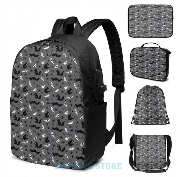 

backpack funny graphic print wolf and ghost pattern usb charge men school bags women cosmetic bag travel laptop