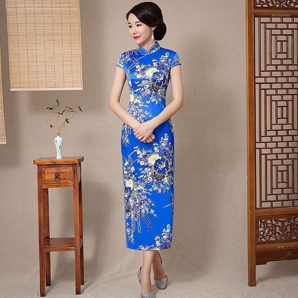 

ethnic clothing female dress gown blue mandarin collar qipao oversize 3xl-4xl floral chinese rayon cheongsam summer elegant vestidos, Red