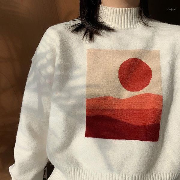 

women's sweaters korean version of ins wind sunrise pattern casual gentle style long-sleeved sweater college winter 2021 pullover women, White;black