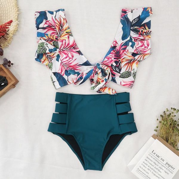 

est swimsuit bikini women floral ruffle bandaged beachwear bathing suit high waist two pieces bikinis set swimwear one-piece suits