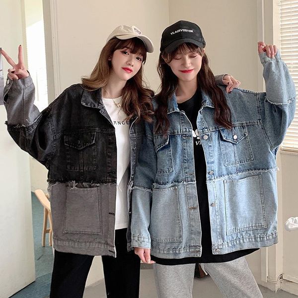 

early spring stitching contrast denim jacket women loose korean version of all-match girlfriends men and can wear women's jackets, Black;brown