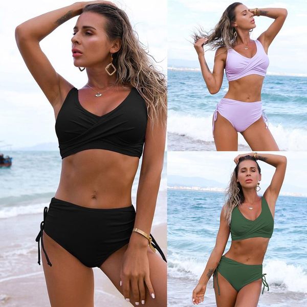 

women bikini sets solid color high waist ruched drawstring swimsuit swimwear bathing suit beach wear 2021 women's, White;black