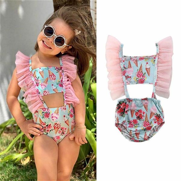 

one-pieces baby girls swimwear ice cream print ruffle infant swimsuit 2021 summer kids bikini beachwear children bathing suit, Black