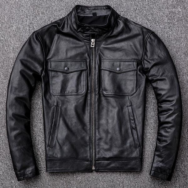 

men's leather & faux 2021 fashion solid mens genuine jacket streetwear slim fit motorcycle outwear pocket zipper coats male s-4xl, Black