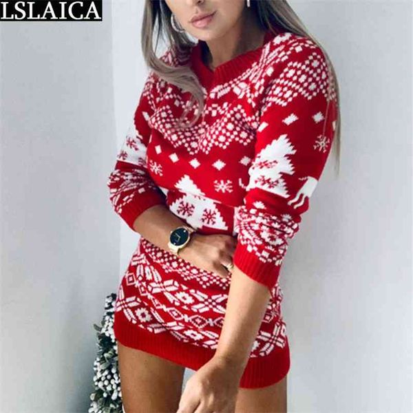 Camisola longa vestido mulheres manga inverno o pescoço natal casual malha moda 210515