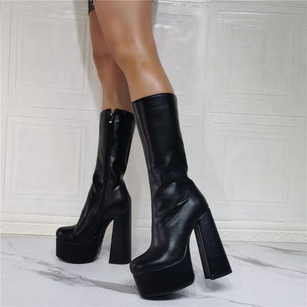 

boots gothic thick heels short pu leather simple fashion women super high heel large size versatile lady shoes, Black