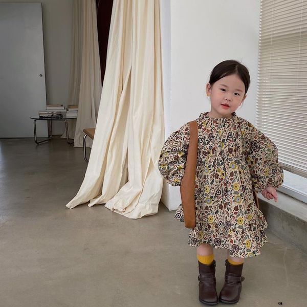 

girl's dresses south korea children's wear 2021 deep autumn/winter girls' dress printed cotton skirt with padded cloth, Red;yellow