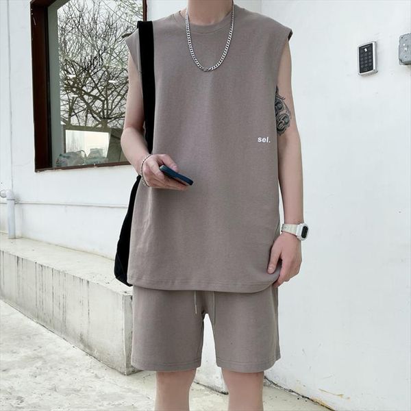 

summer sports suit men tracksuits sleeveless vest loose casual shorts korean style two piece sets hip hop male, Gray