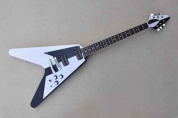 

factory flying v black and white electric guitar with mahogany body and neck,chrome hardware,rosewood fingerboard, can be customized