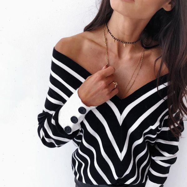 

elegant women sweaters backless off shoulder knit low cut striped loose casual autumn clothes black white pullover winter, White;black