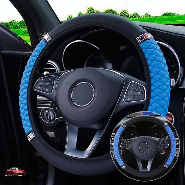

steering wheel covers interior cover leather universal auto black + blue diamond