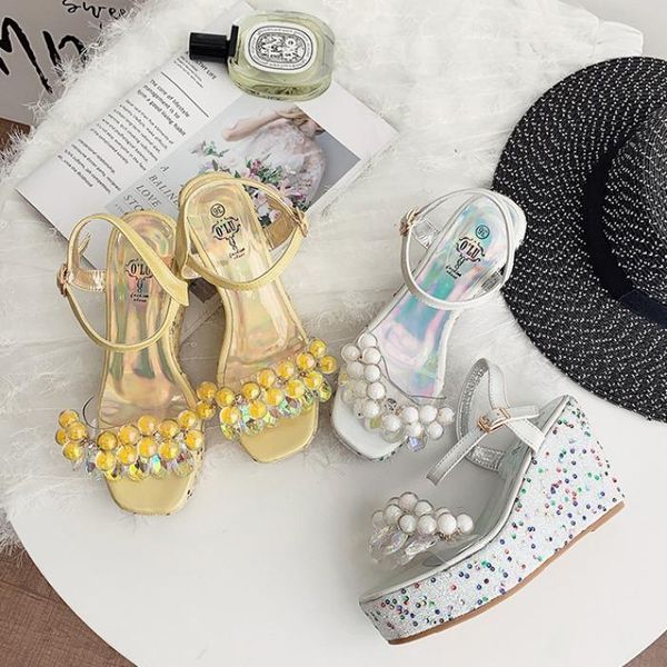 

dress shoes wedge sandals for women 2021 comfortable luxury buckle designer summer fashion pearl rhinestones high heels slippers, Black