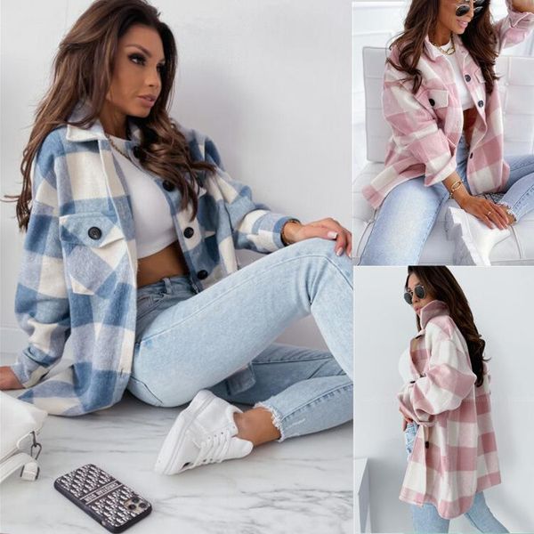 

women's wool & blends 2021 autumn women casual single-breasted winter female overcoat shirt coat fashion plaid printed turn down collar, Black