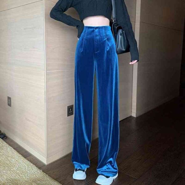 

mujer pantalones wild autumn loose high waist blue velvet wide leg pant women mopping straight casual vintage black plus size, Black;white