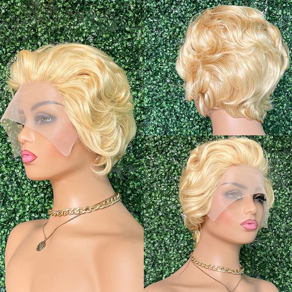 13x1 Spitze Pixie Cut brasilianische klebefreie Echthaarperücken für Frauen Körperwelle 613 Blonde kurze Bob Perücke