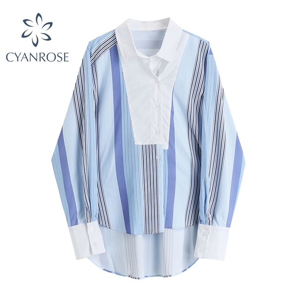 

irregular patchwork cardigan blouses or shirts for women stylish long sleeve striped office ladies bf leisure blusas 210430, White
