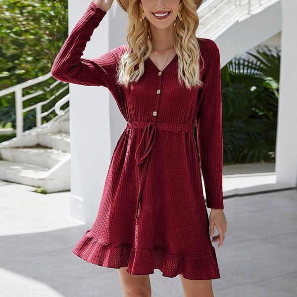 

casual dresses women autumn dress fashion solid long sleeve button v neck ruffle female vestidos, Black;gray