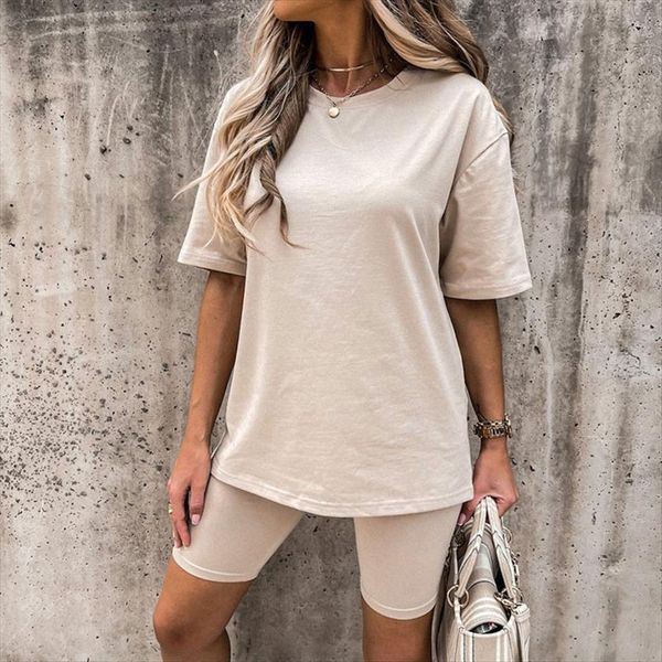 

casual solid two piece womens tracksuits sets home loose sports short sleeve fashion leisure bicycle suit summer slim outfits, Gray