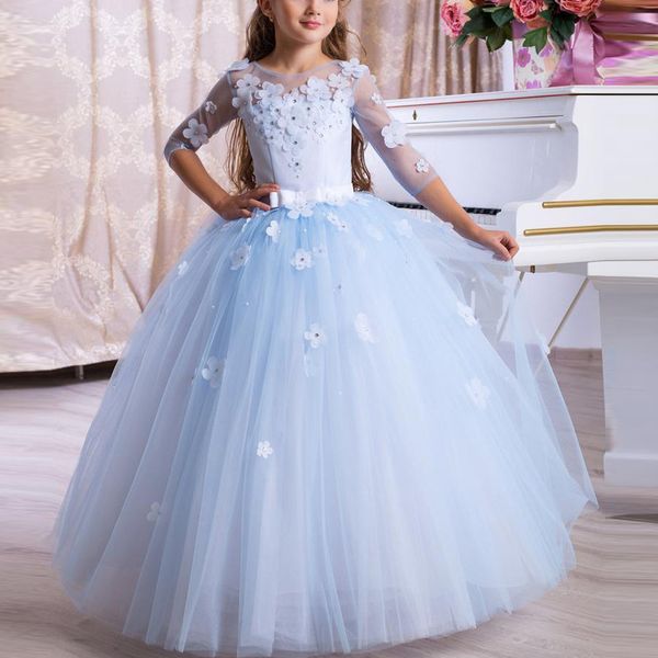 New Blue Little Girl's Festzug Perlen Rüschen Organza Ballkleid bodenlange Blumenmädchen Quinceanera Kleider 403