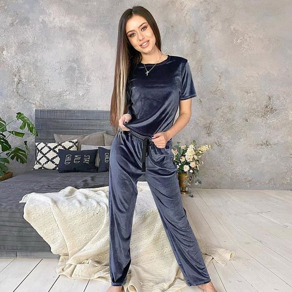 

blue velvet winter warm women sleepwear home suit sets pajamas loose pants knit short sleeve two piece set lounge, Black;red