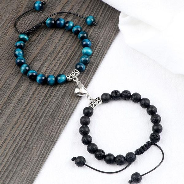 

beaded, strands 2pcs/set love heart shape magnet pendant braided bracelet 8mm malachite blue tiger eye natural stone beads bangles jewelry g, Black