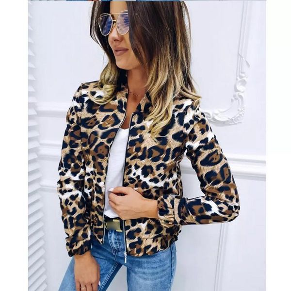 

women's jackets women long sleeve leopard pattern jacket zipper up slim fit coat female fashion casual outwear mujer, Black;brown