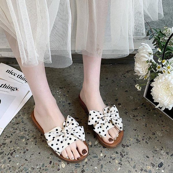 

slippers 2021 summer non-slip women's linen bowknot women japanese cute wave point home indoor shoes, Black