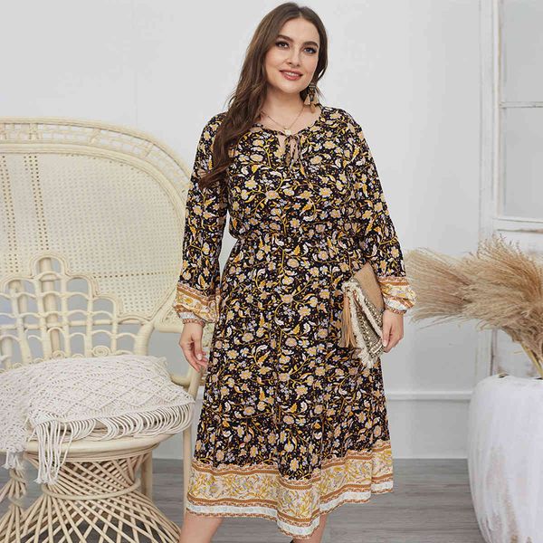 

dresses spring summer vintage floral printed women midi es v-neck long sleeve plus size female vestidos dzfd, Black;gray
