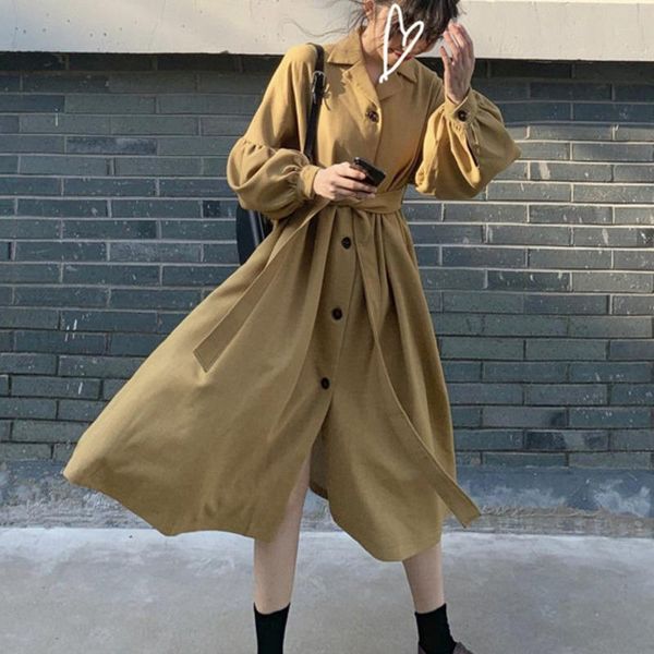 

women's trench coats [ewq]2021 autumn korean version of the belt waist single-breasted lapel windbreaker women mid-length casual overco, Tan;black