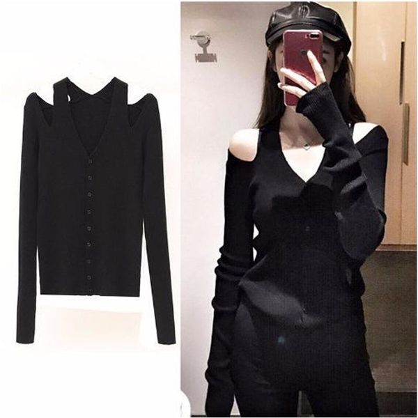

women's sweaters oversized womne 2021 autumn winter ladies pullovers black hollow out outerwear v-neck loose knitted ks309, White;black