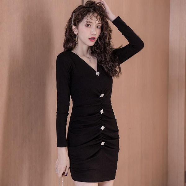 

casual dresses women one piece dress autumn 2021 office lady korea style knitting full sleeve solid high waist v-neck, Black;gray