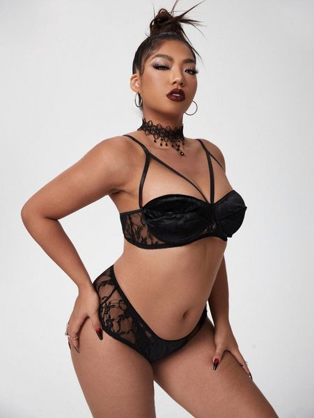 

plus contrast lace harness lingerie set x0cy#, Black;white