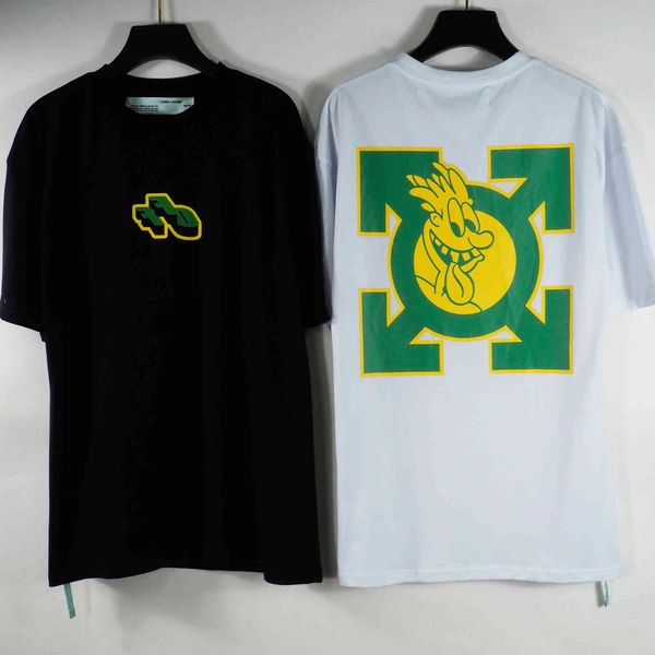 

21ssstyle green arrstyle print off loose short sleeve cartoon smile, White;black