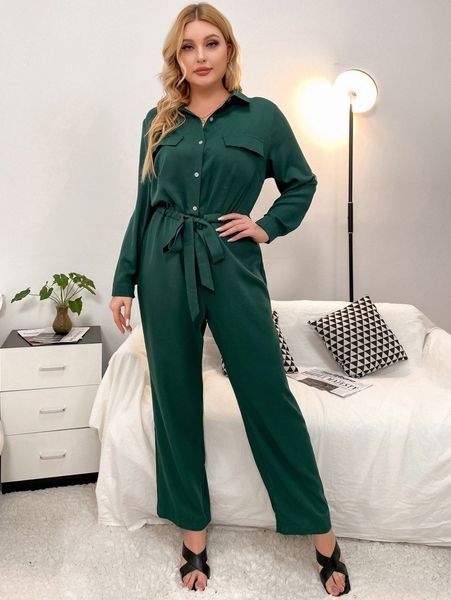 

plus drawstring waist shirt jumpsuit j2np#, Black