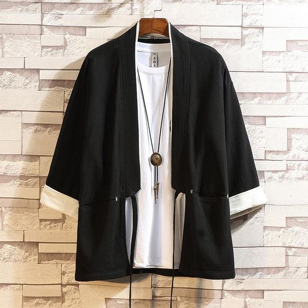 

men's casual shirts cotton kimono loose cardigan solid color outerwear vintage chinese style male jacket fashion overcoats, White;black