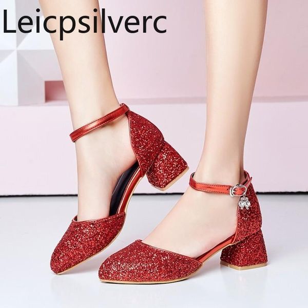 

dress shoes pumps spring and autumn sequined cloth round head shallow mouth buckle thick heel mid women's shoe plus size 30-43, Black