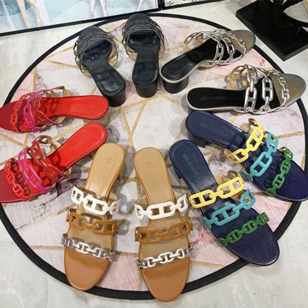 

slippers luxury design mixed colors open toe women slipper square heel cow leather chain mules out door paperclip sea beach slides, Black