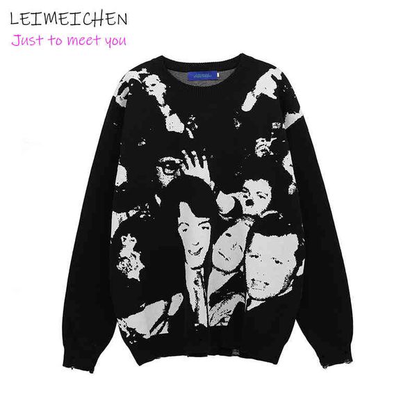

leimeichen men's character jacquard sweater gothic street hip-hop costum 2021 autumn/winter retro oversized couple pullover, White;black