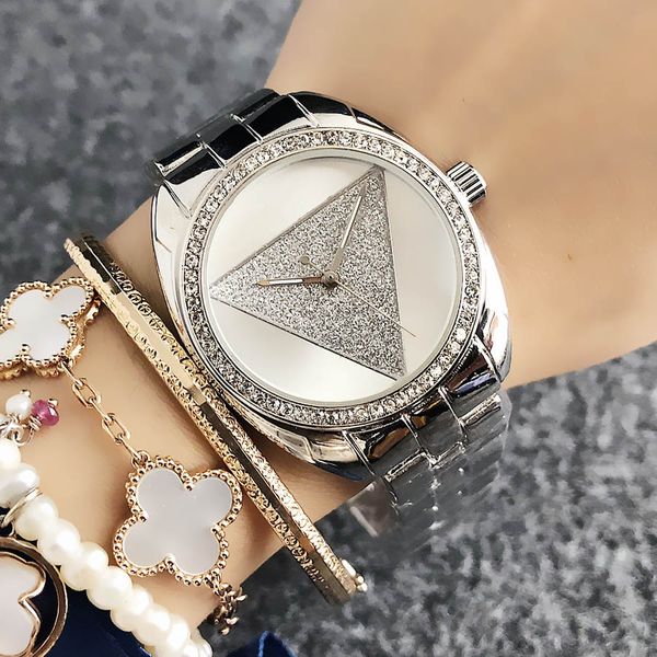 Marca relógio de pulso senhora mulheres menina triangular estilo de cristal discar metal banda de aço quartzo relógios gs 21